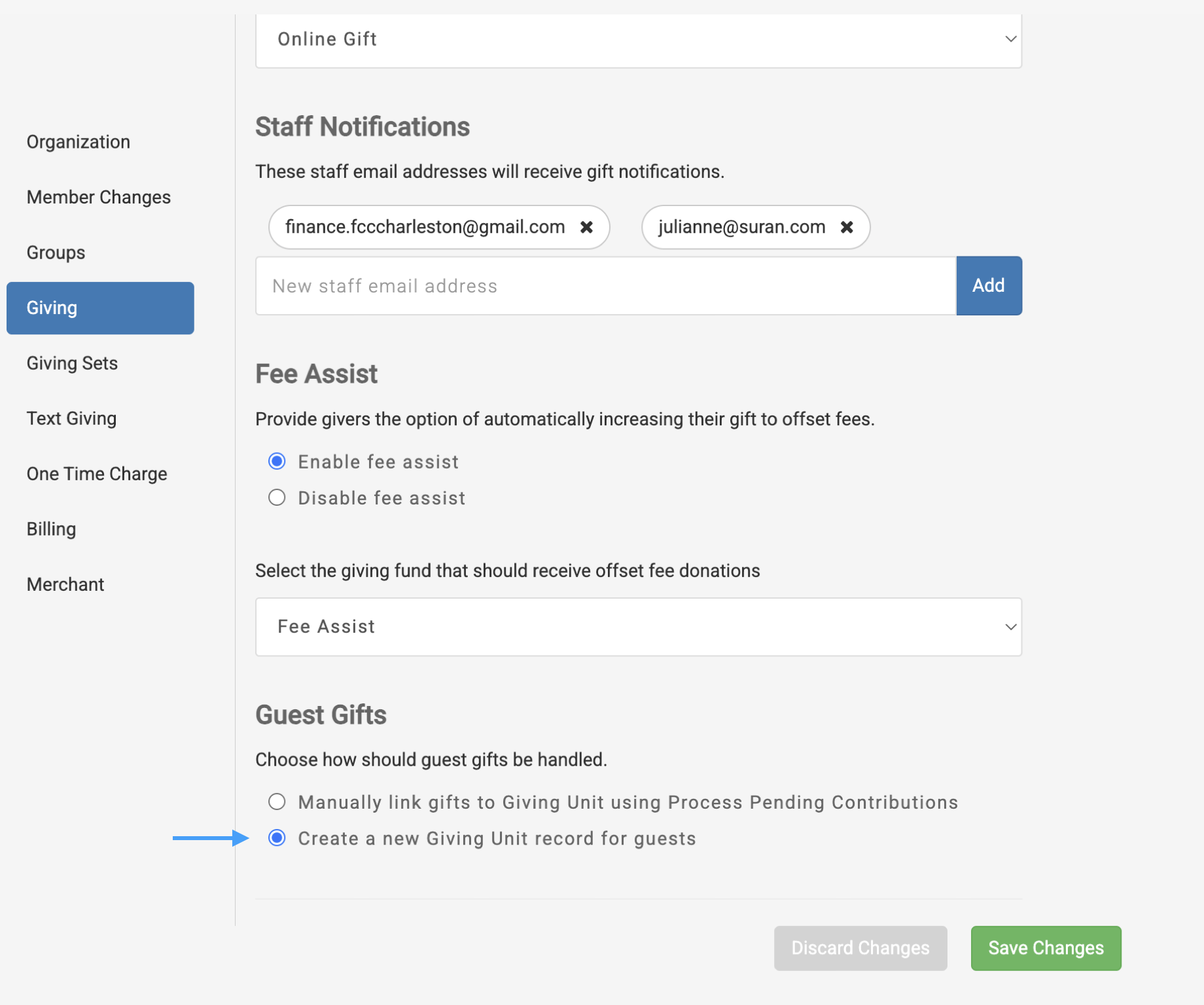 Arrow in Giving settings pointing to the option to create a new Giving Unit record for guest. 