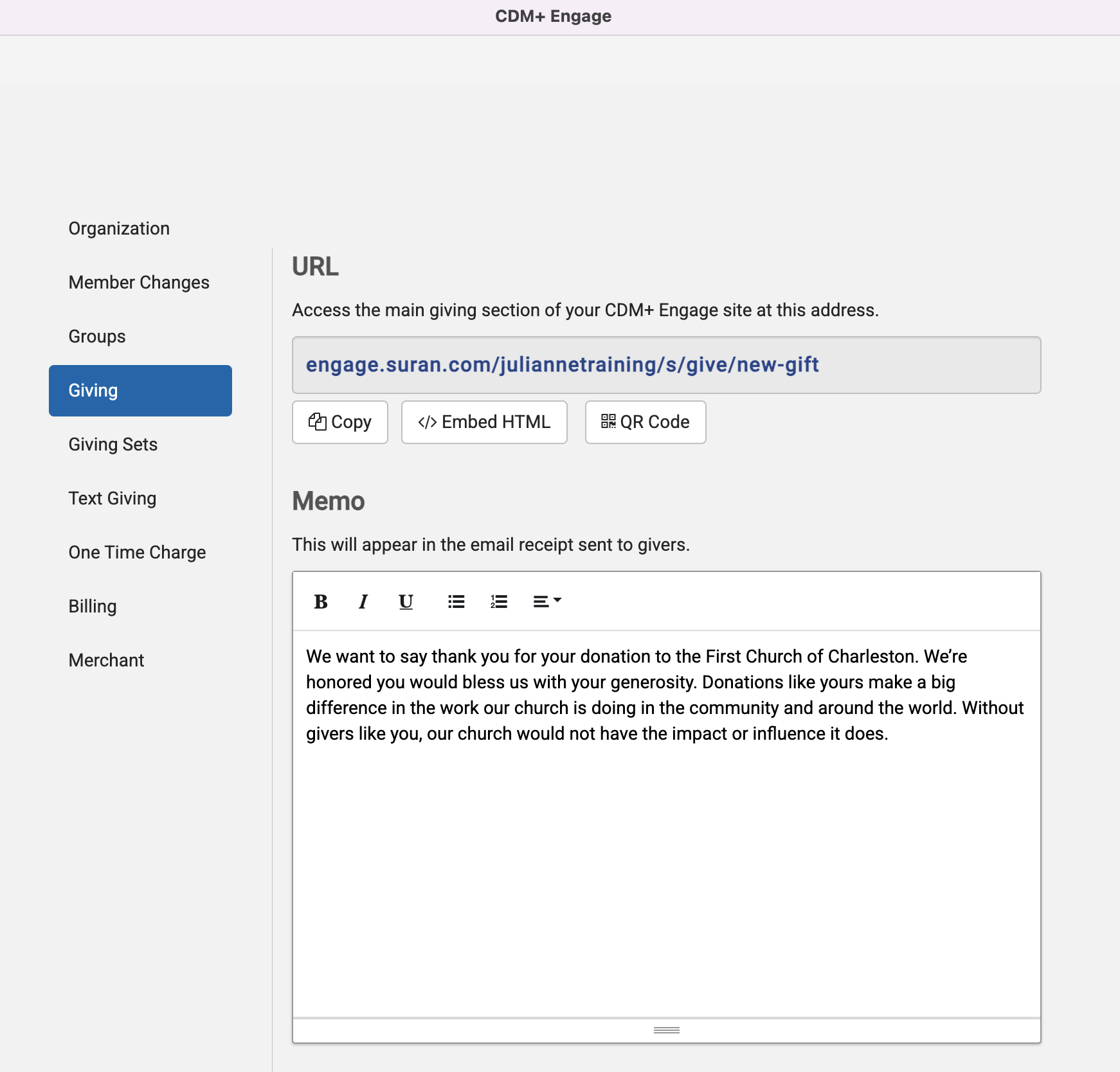 Engage Settings window with the Giving menu selected on the left-hand side.