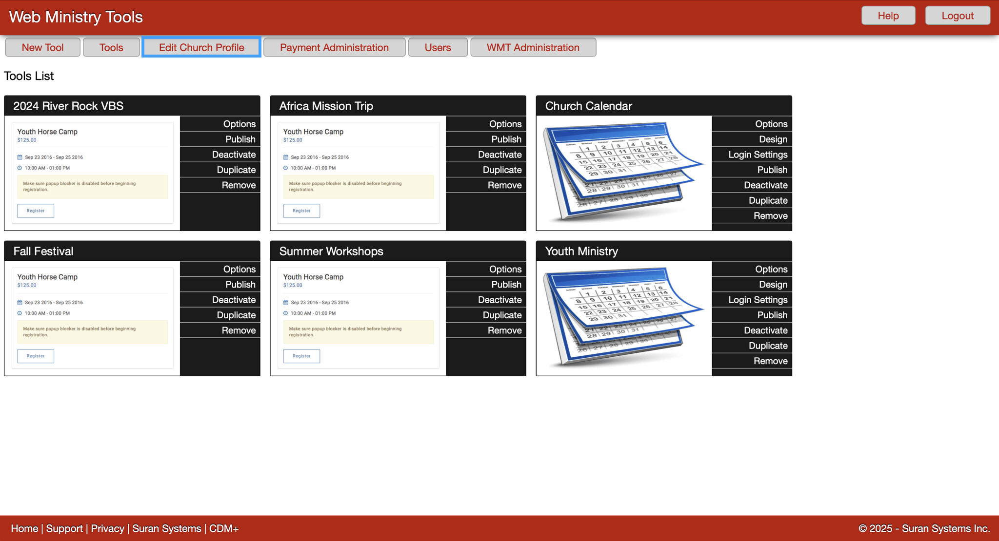 Web Ministry Tool list page with Edit Church Profile highlighted. 