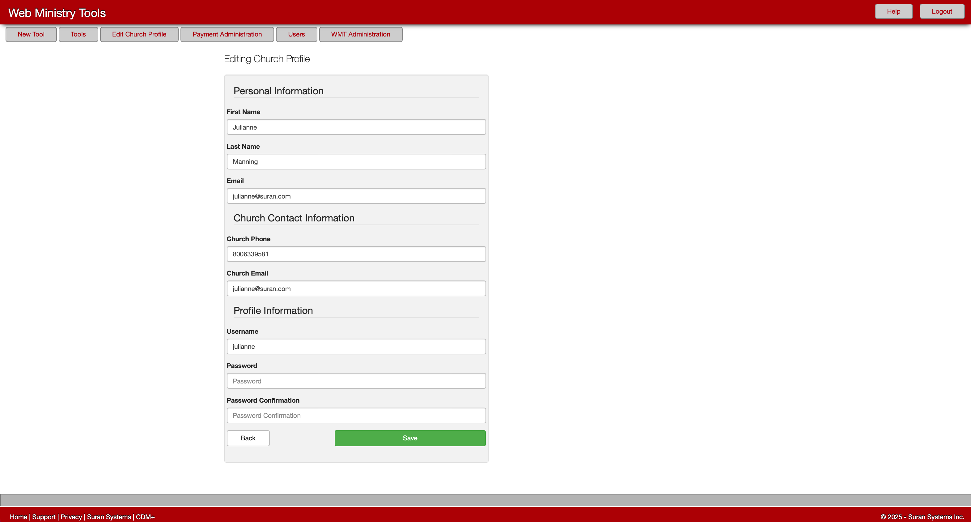 Editing Church Profile page. 