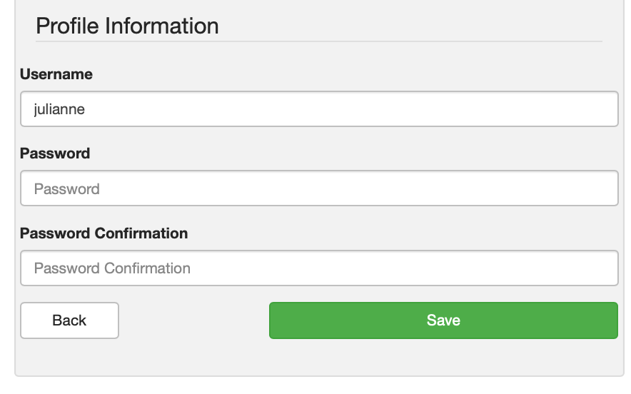 Password reset fields. 