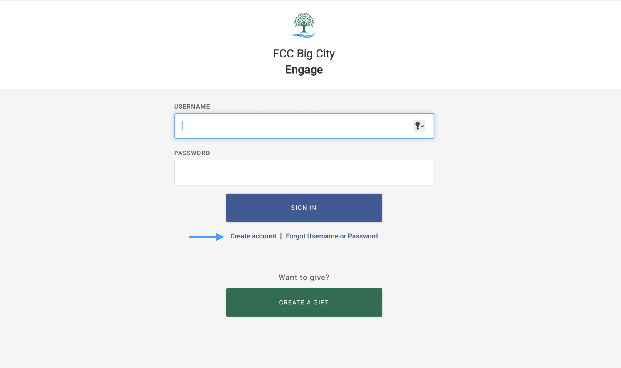 Engage login page with an arrow pointing to Create Account.