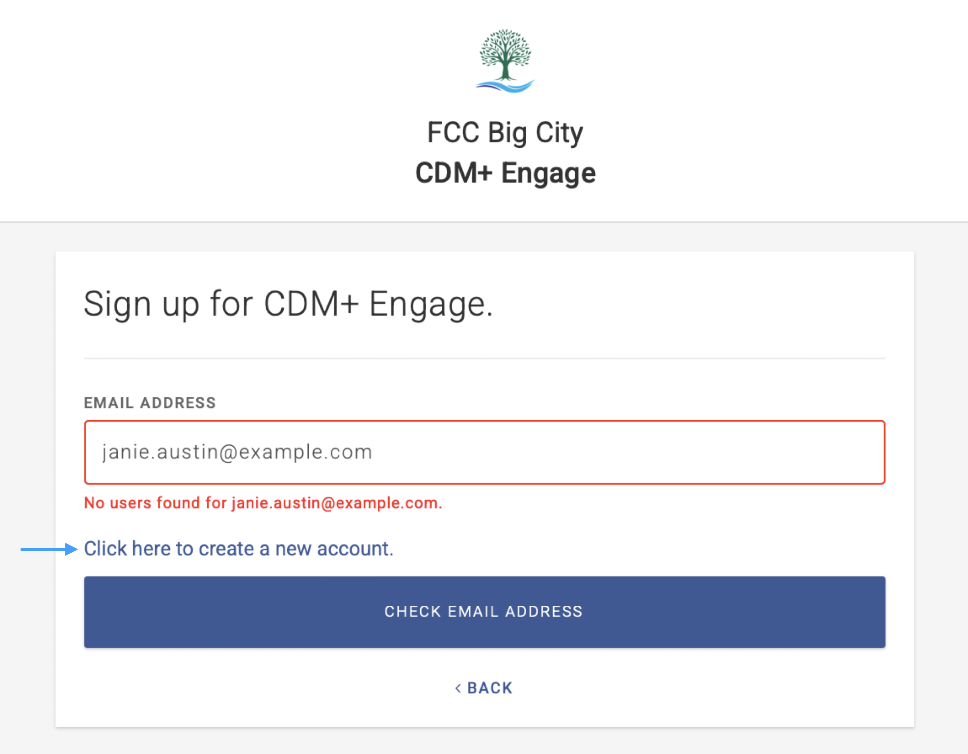 An error pointing to the Click here to create a new account option when no email is found.