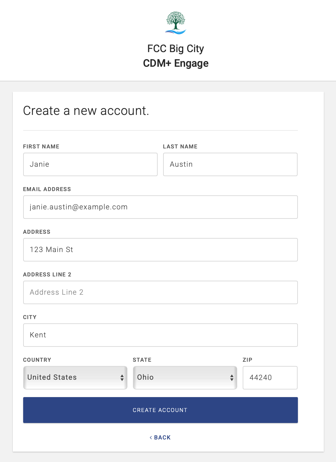 Create a new account form.