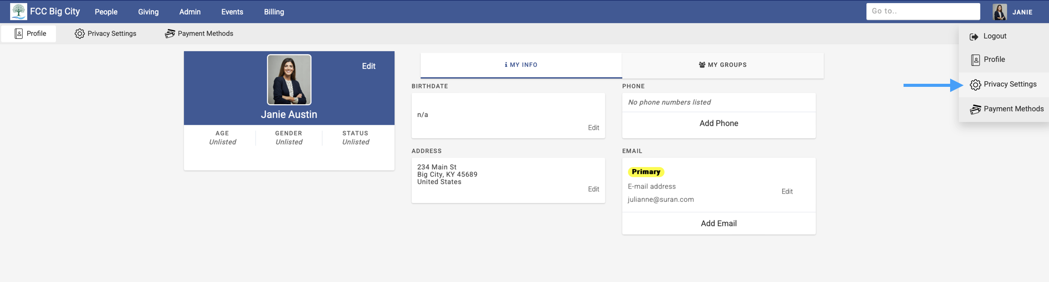 Engage home page with the right-hand menu open and an arrow pointing to Privacy Settings. 