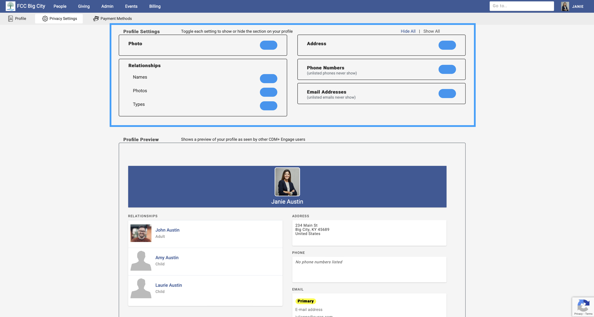 Privacy Settings page with the Profile Settings Highlighted. 