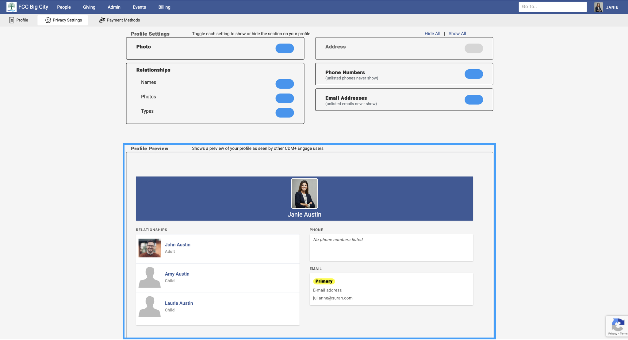 Privacy Settings page with the Profile Preview highlighted.