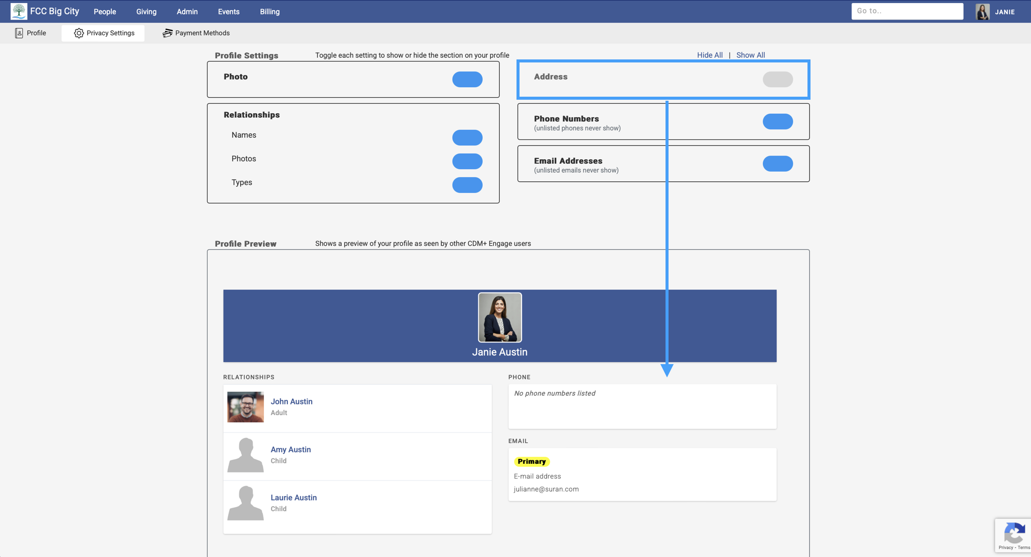 Privacy settings with the address fields in the profile settings highlighted and toggled off and an arrow pointing to how address is not visible in the Profile Preview section. 