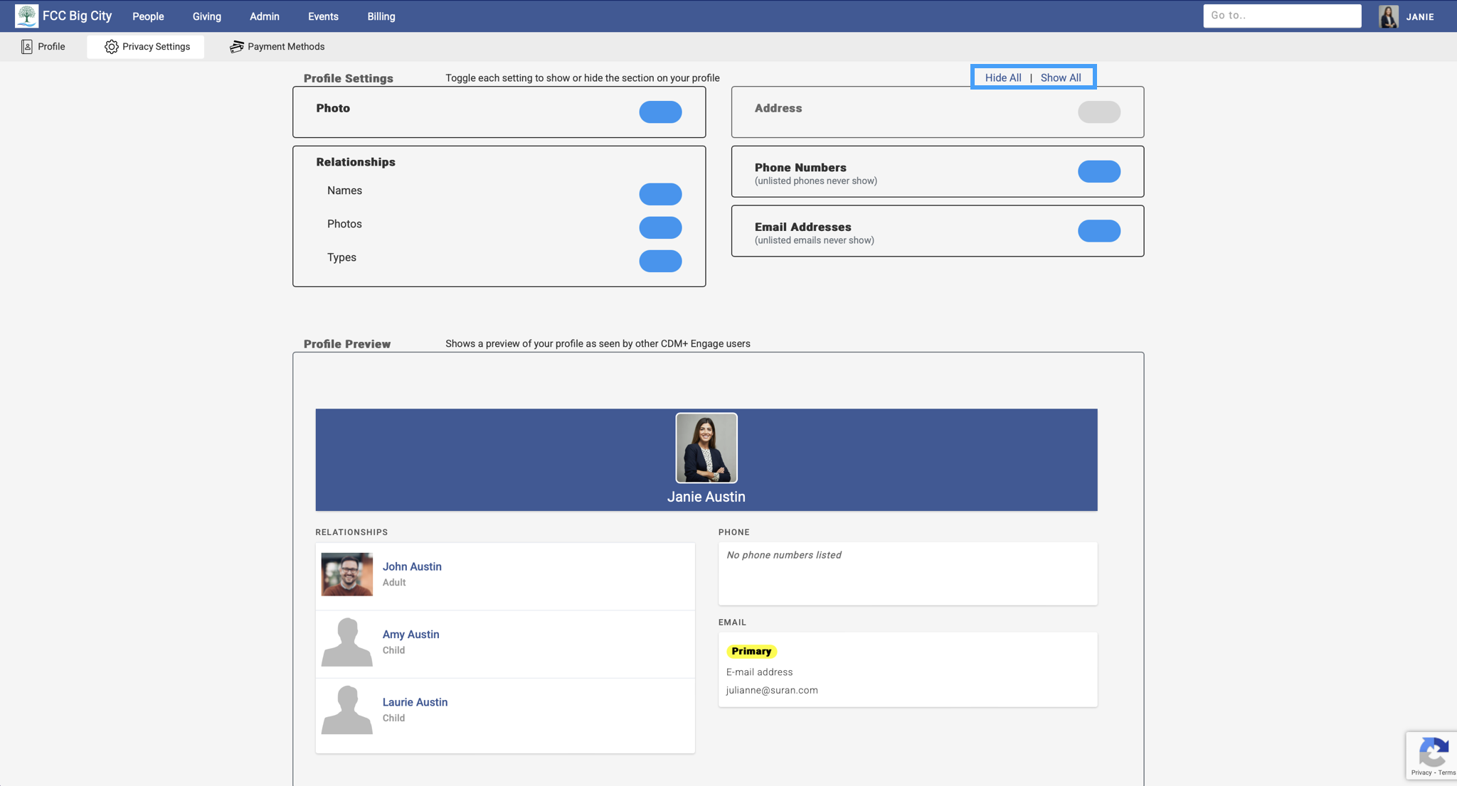 Privacy Settings page with the Hide All Show All options highlighted. 