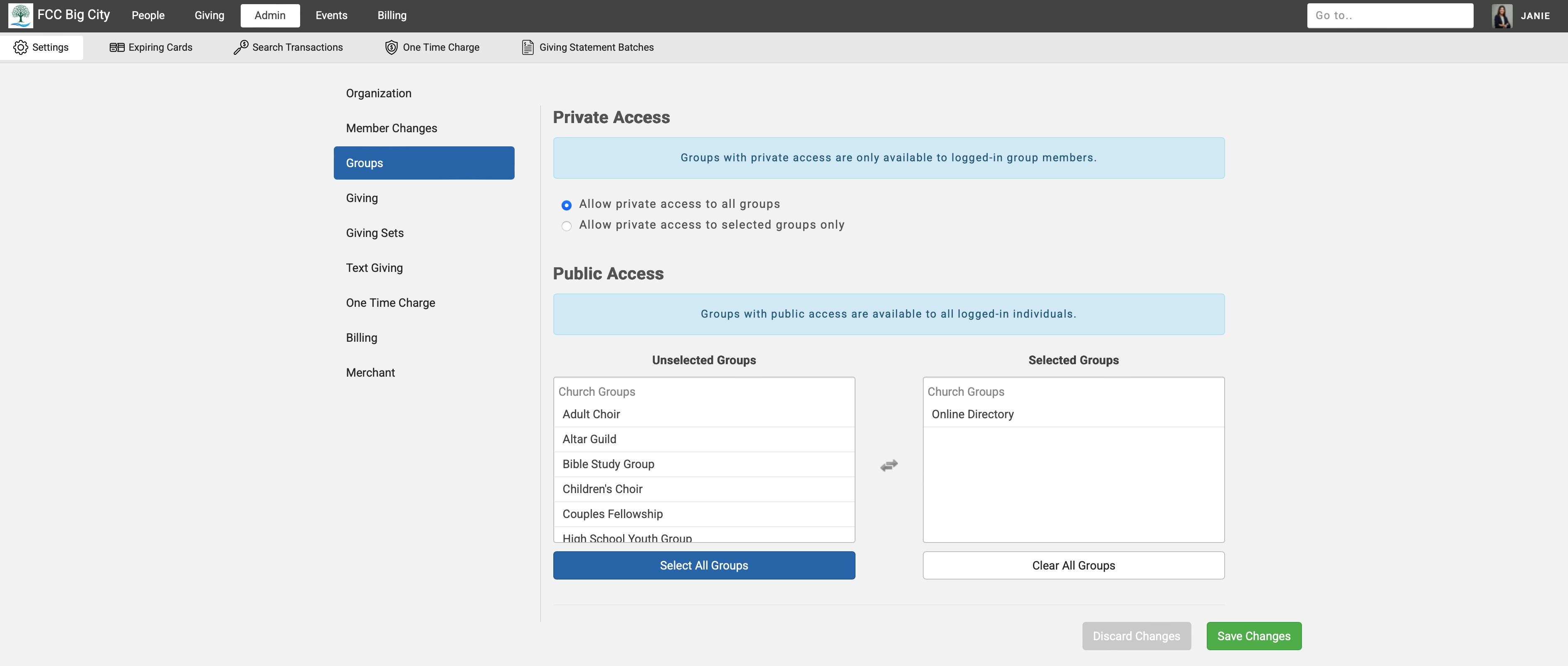 Engage Admin settings page with the Groups menu selected.