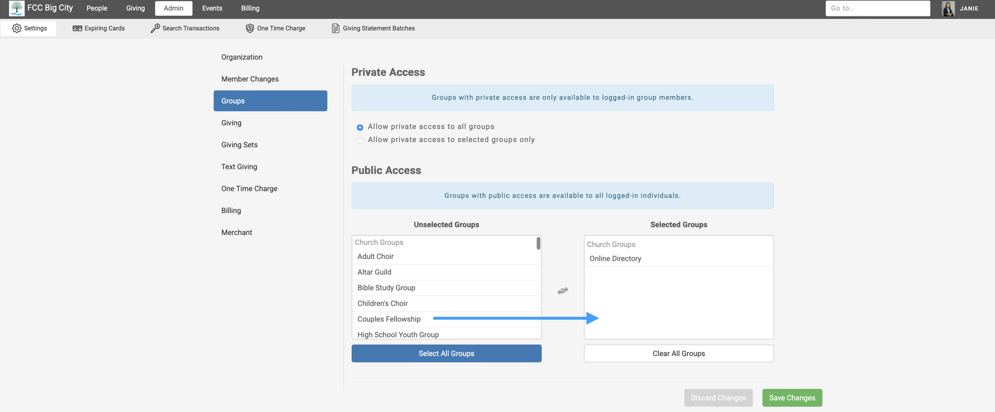 Engage Admin Settings Groups page with an error pointing from an unselected groups pane to a selected groups pane.