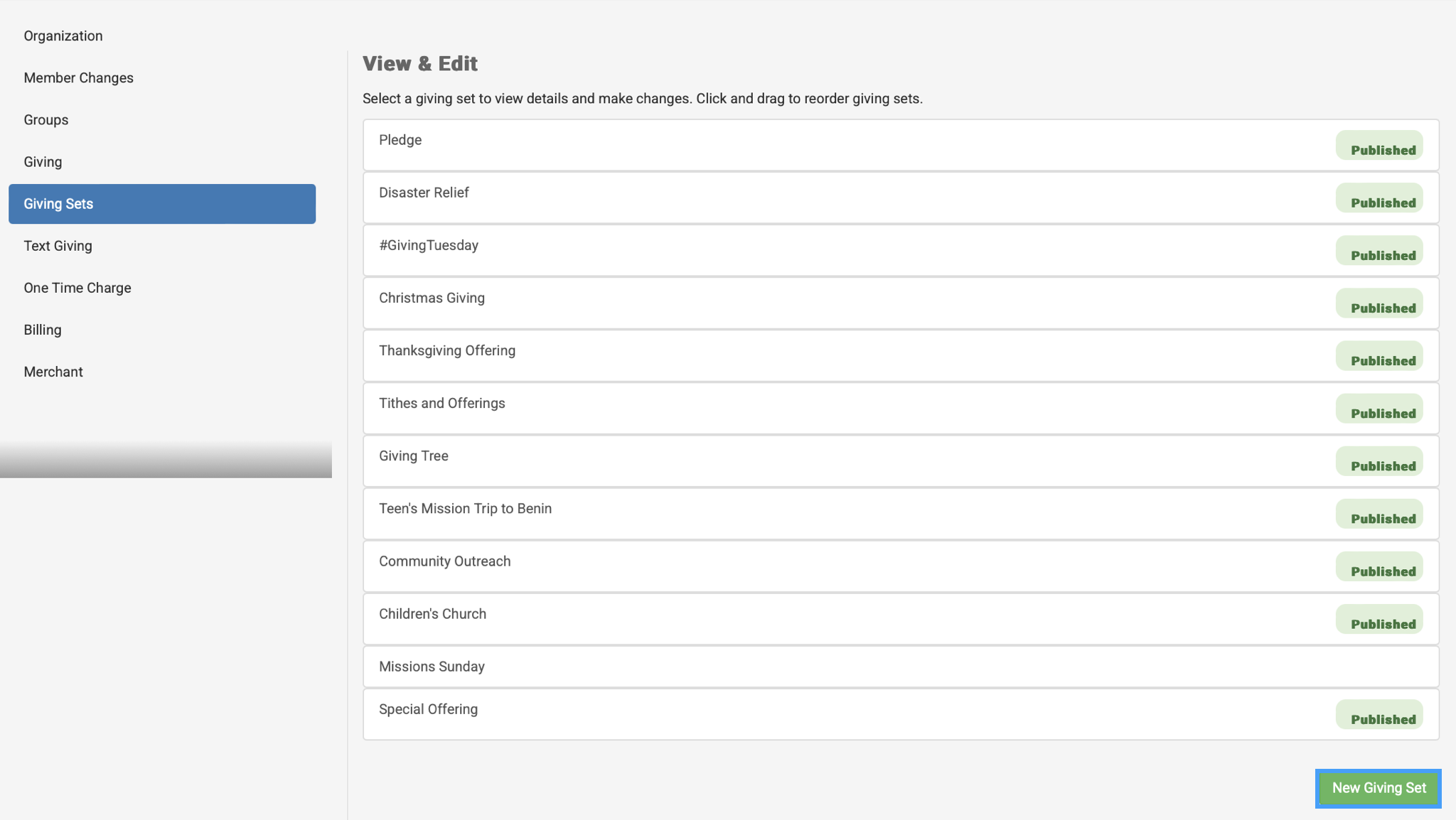 Giving Sets menu with the New Giving Set button highlighted.