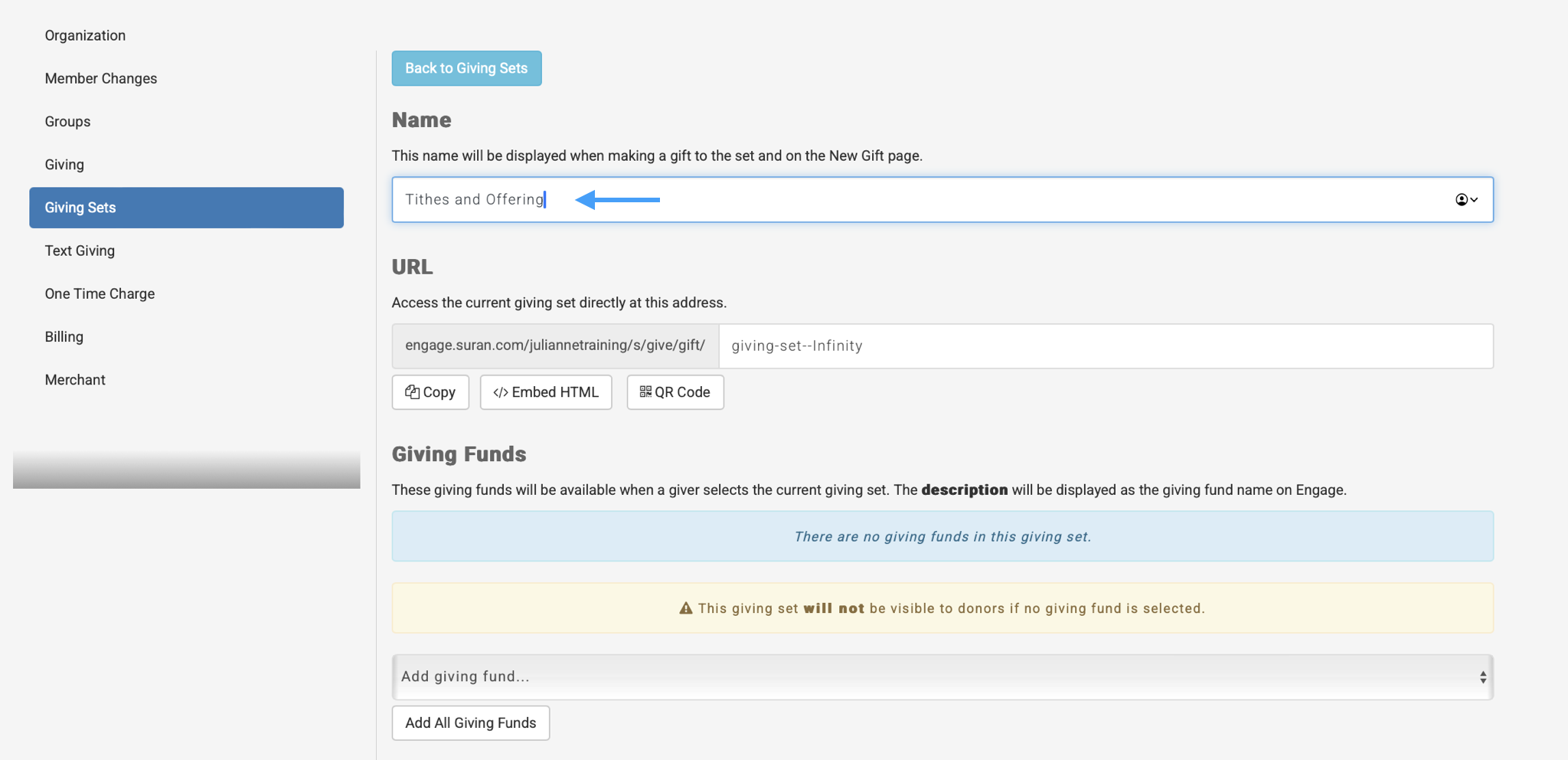 New Giving Set page with an arrow pointing to the Title field. 