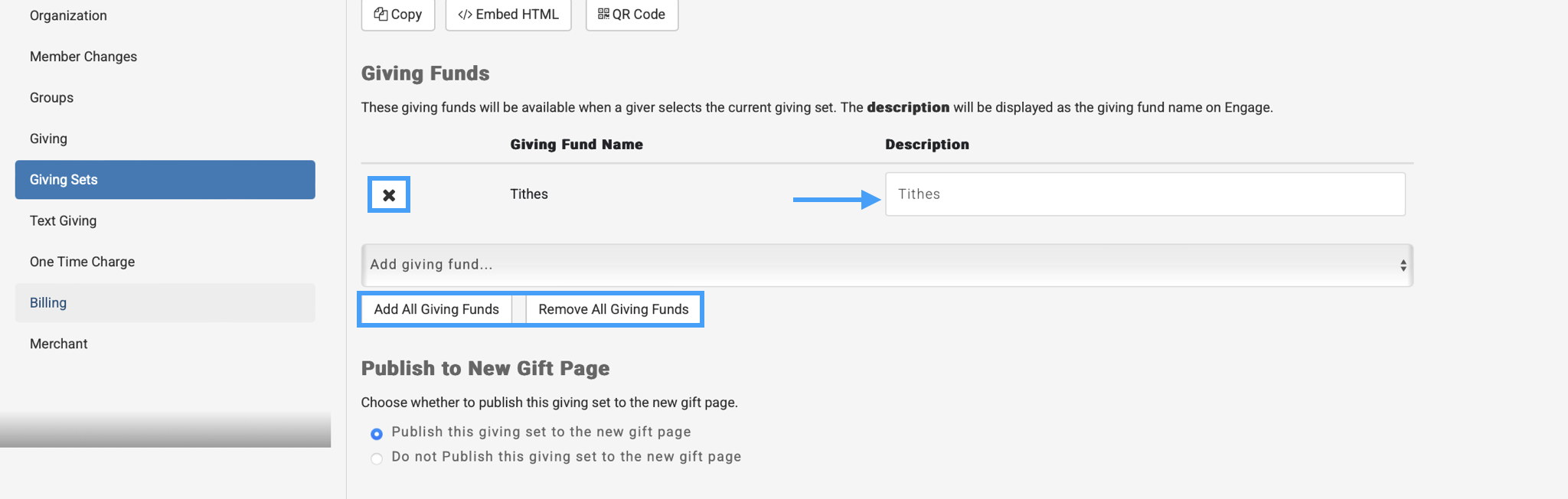 Giving Funds section of the New Giving Set page highlighting ways to add and remove funds.