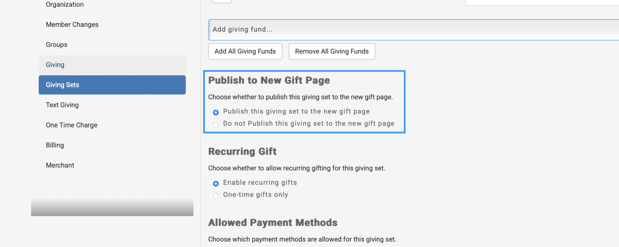 Publish to New Gift Page section highlighted on the New Giving Set form.