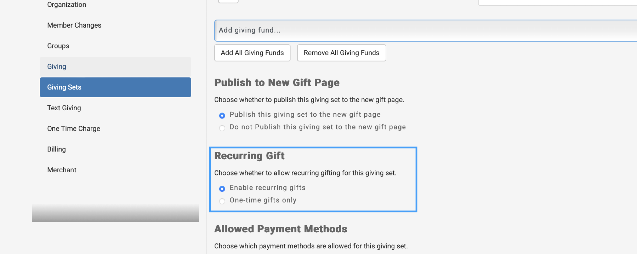 Recurring Gift section highlighted on the New Giving Set form.