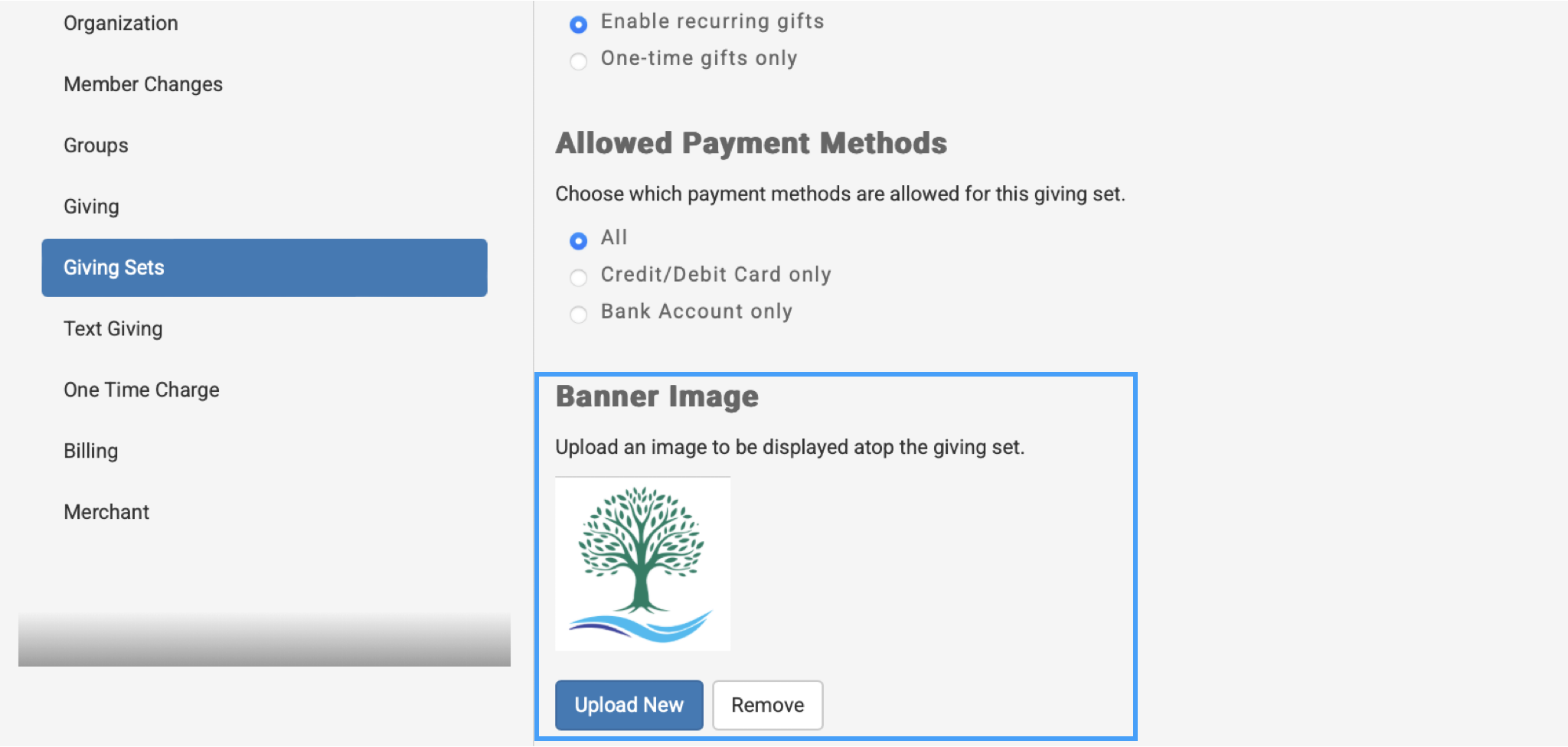 Banner Image section highligted on the New Giving Set form.