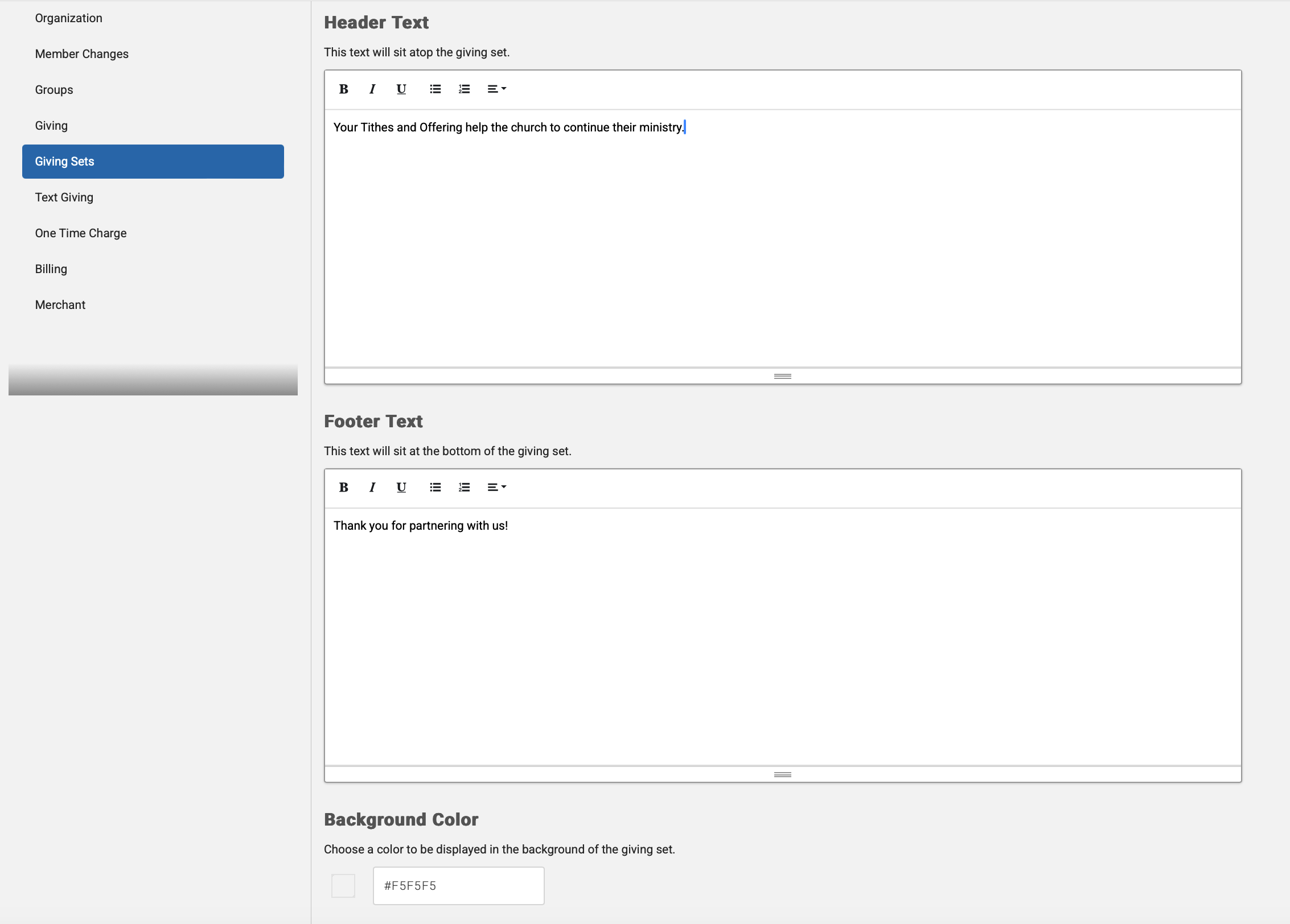 Header, Footer, and Background sections of the New Giving Set form.