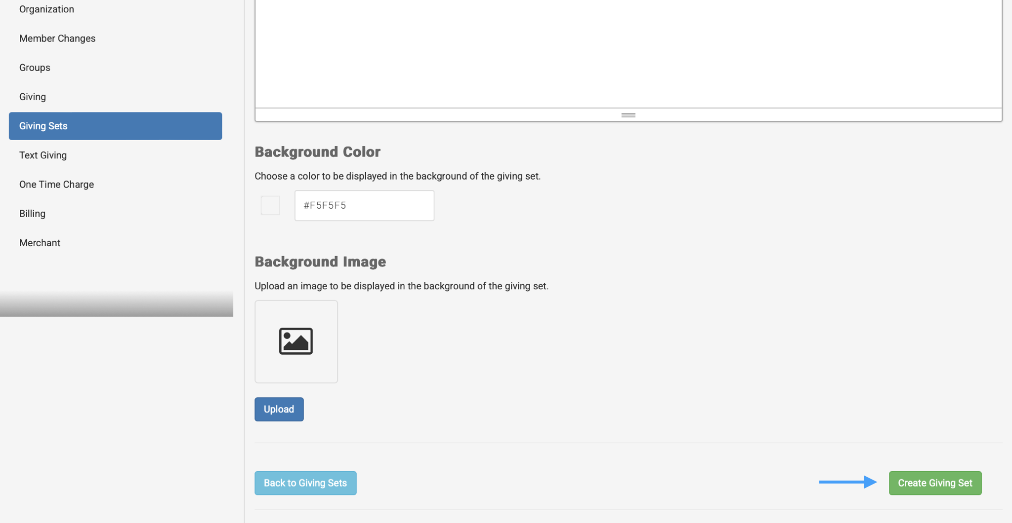 An arrow pointing to the Create Giving Set button on the Create New Giving Set form.