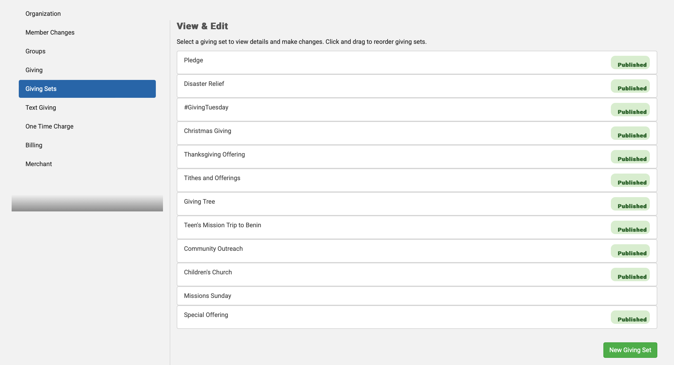 Giving Sets menu page. 
