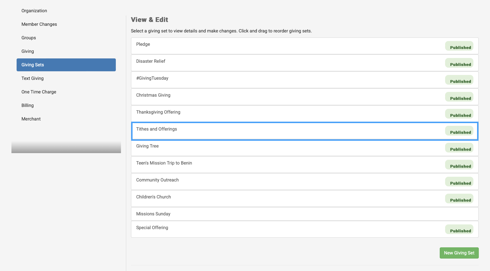 A giving set highlighted on the Giving Sets menu page.