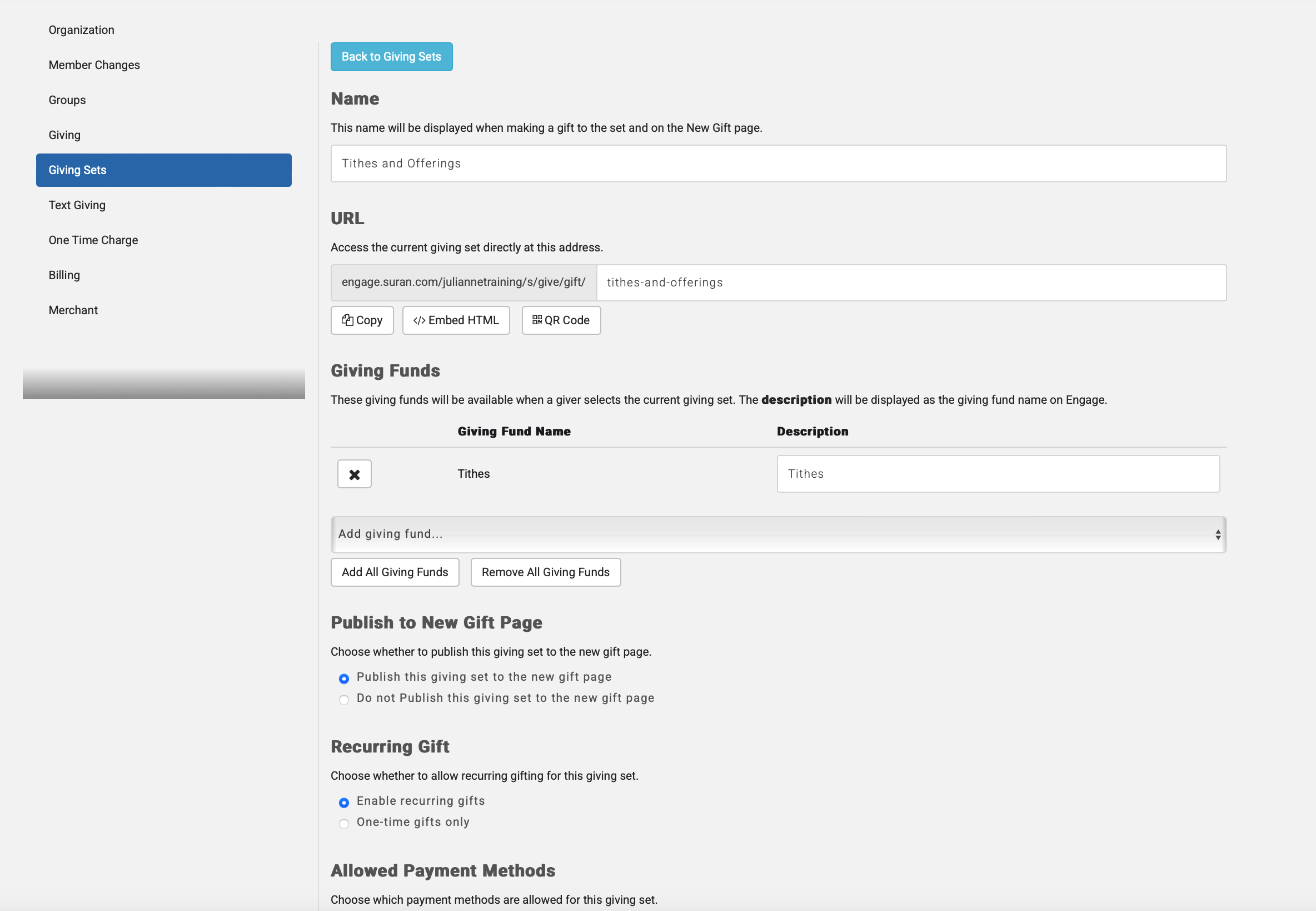 Giving Set edit page. 