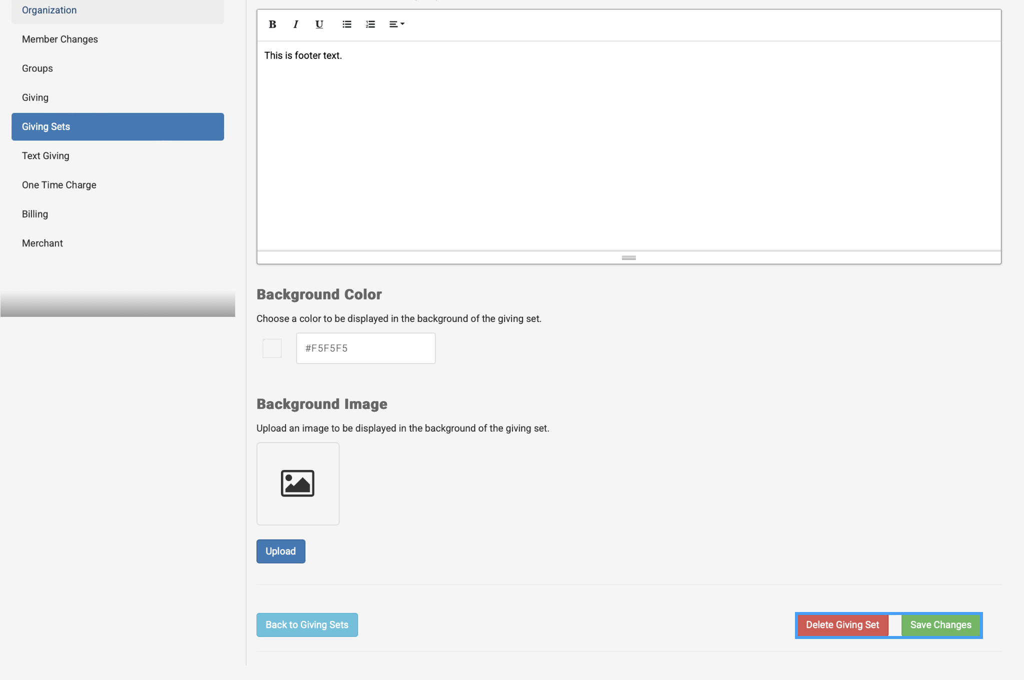 Delete and Save buttons highlighted on the Edit Giving Set page.