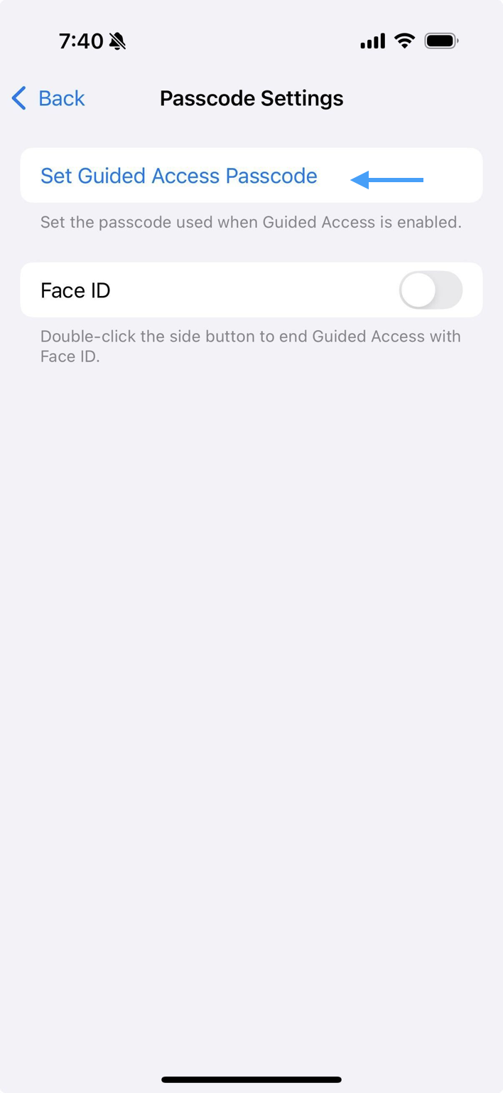 Passcode Settings menu with an arrow pointing to Set Guided Access Passcode. 
