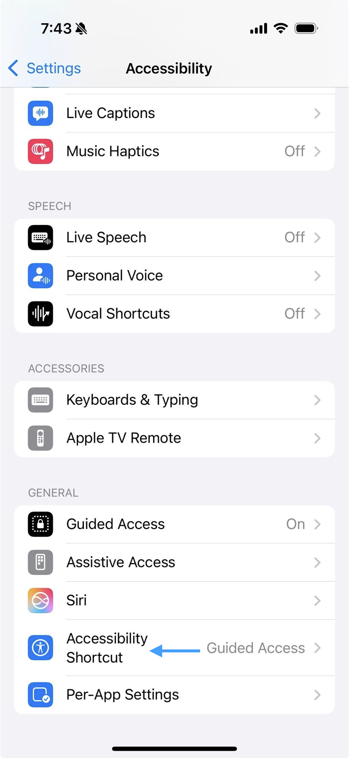Accessibility menu with an arrow pointing to Accessibility Shortcut.
