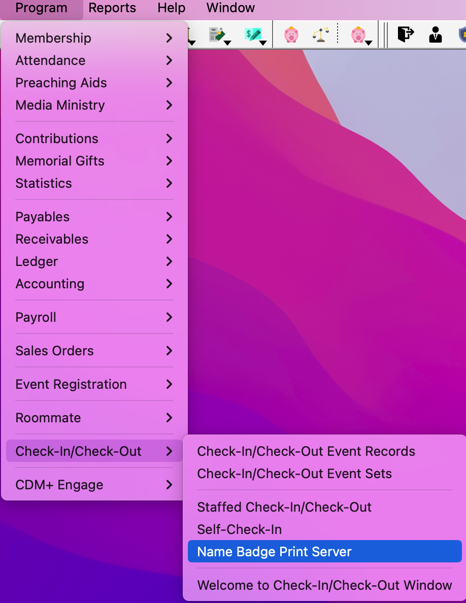 Navigation path to Name Badge Print Server.