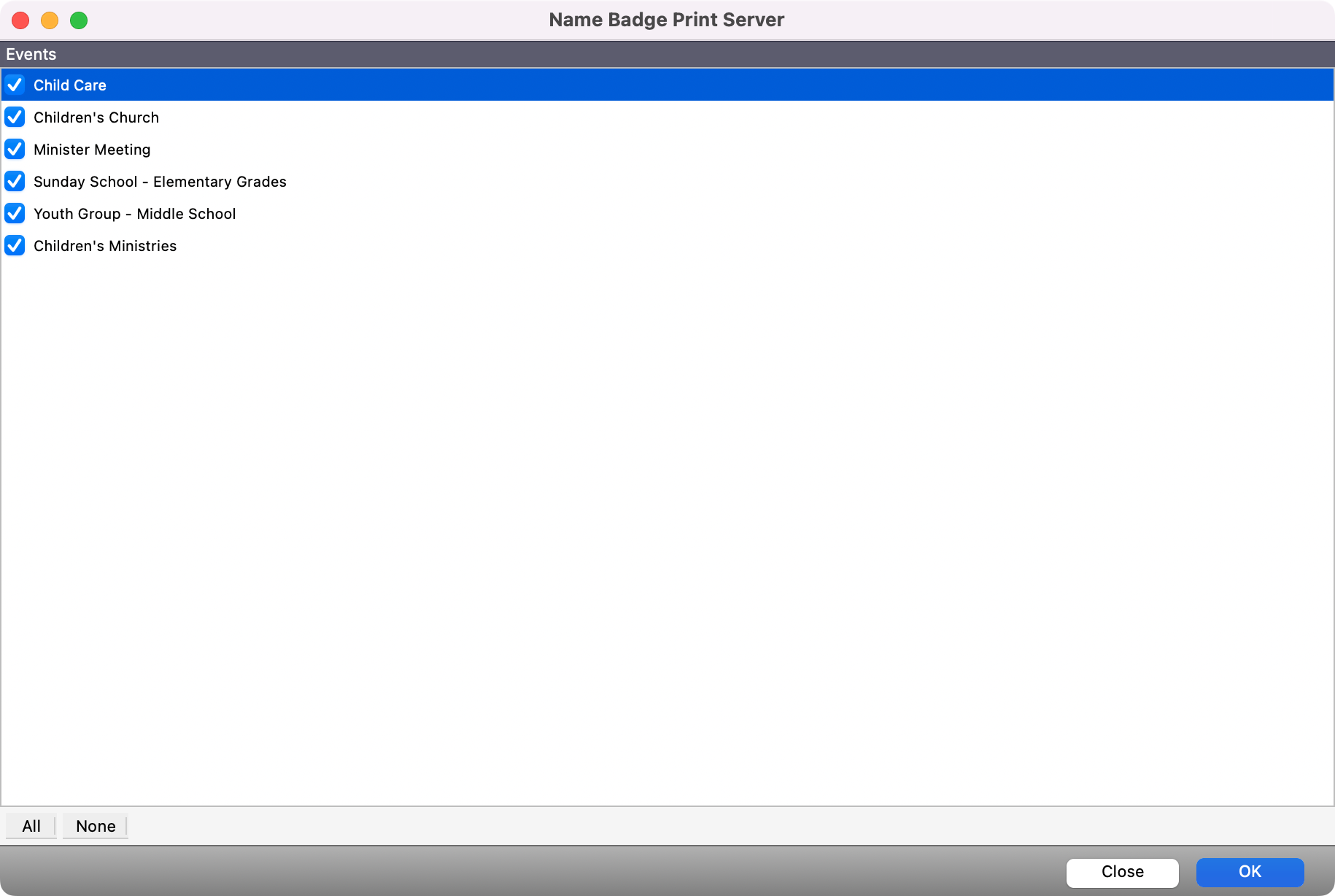 Name badge print server window.