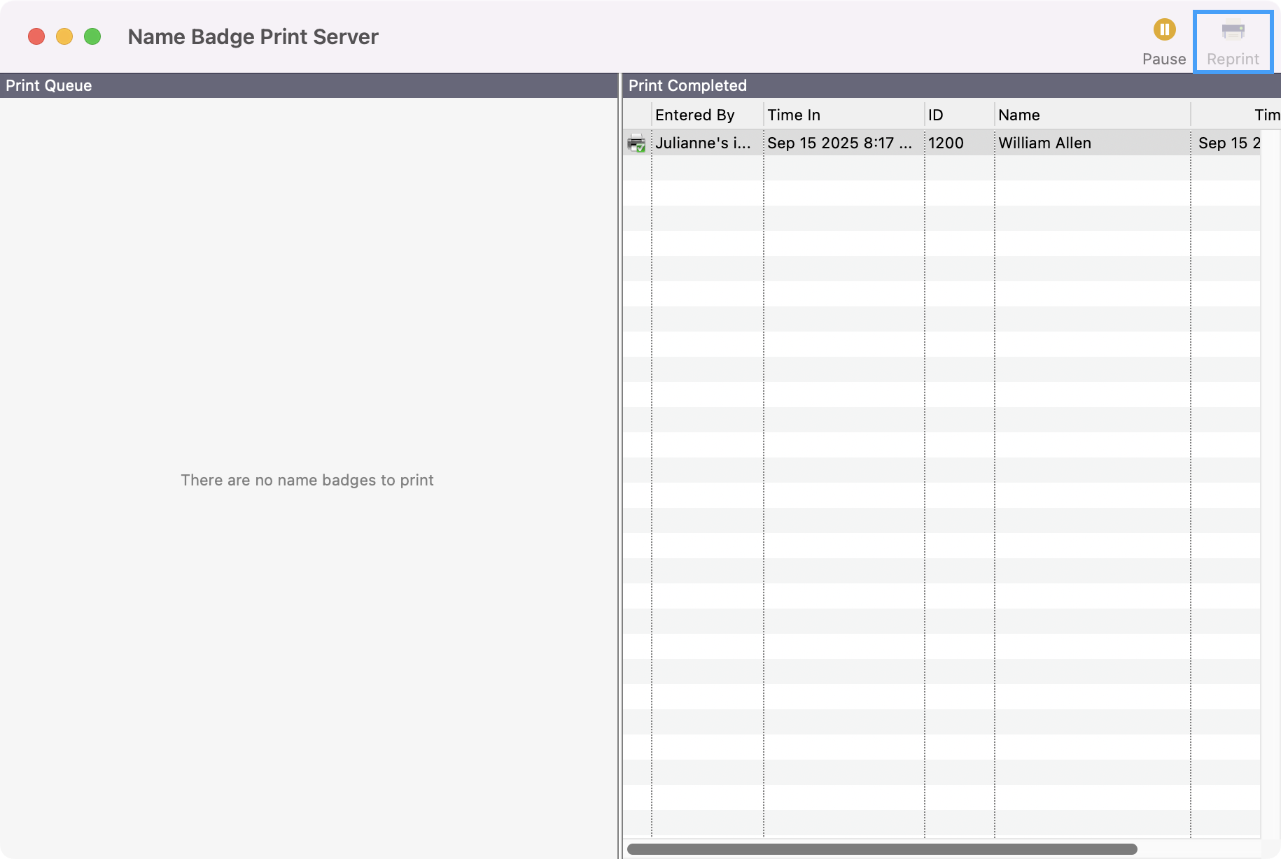 Name Badge Print Service with a name selected and reprint highlighted.