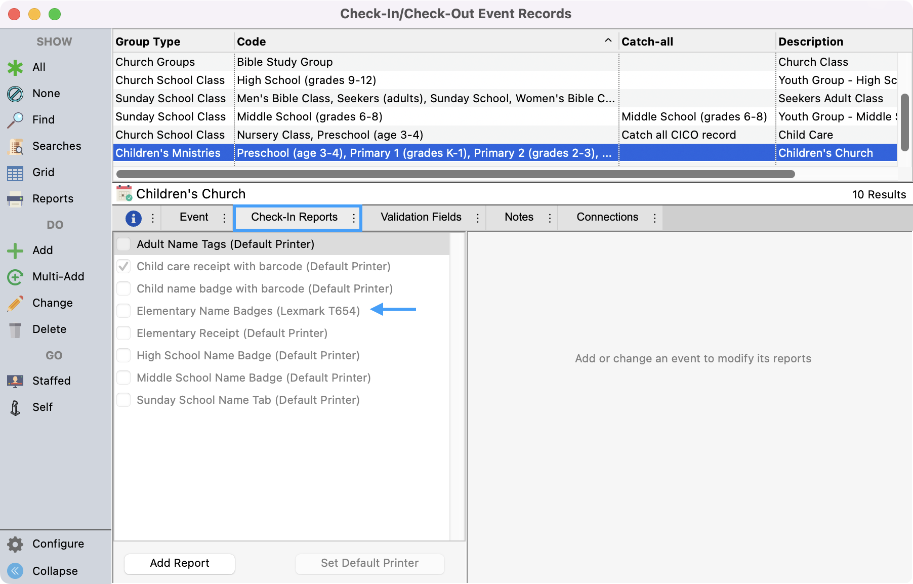 Check-In Check-Out window with an event selected and the Check-In Reports tab highlighted. An arrow is pointing to the default printer. 