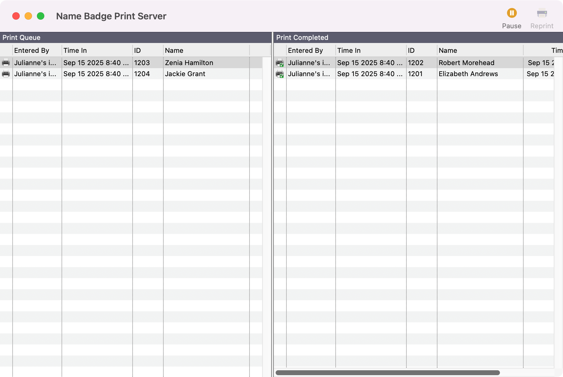 Name Badge Print Server window. 