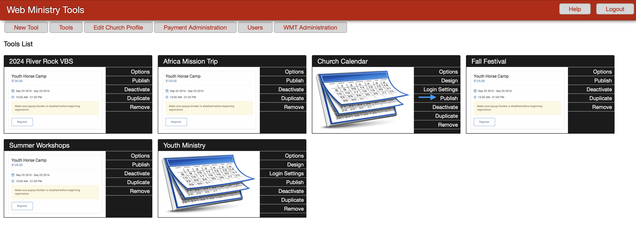 Picture of Tool List with an arrow pointing to the publish option on a calendar tool.