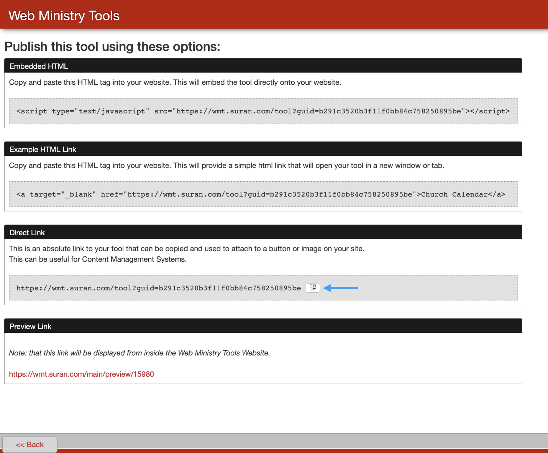 Publish tool links highlighting the QR code option.