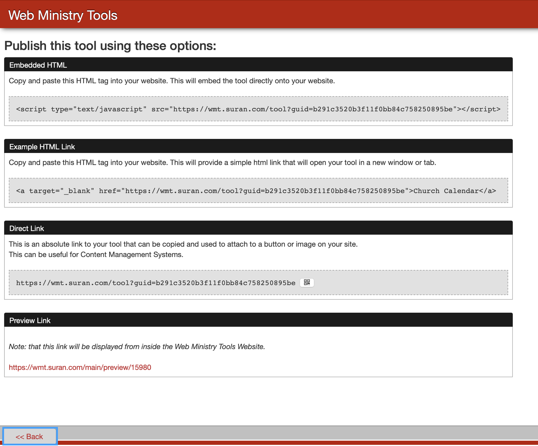 Picture of publish link options highlighting the back button in the bottom left-hand corner.