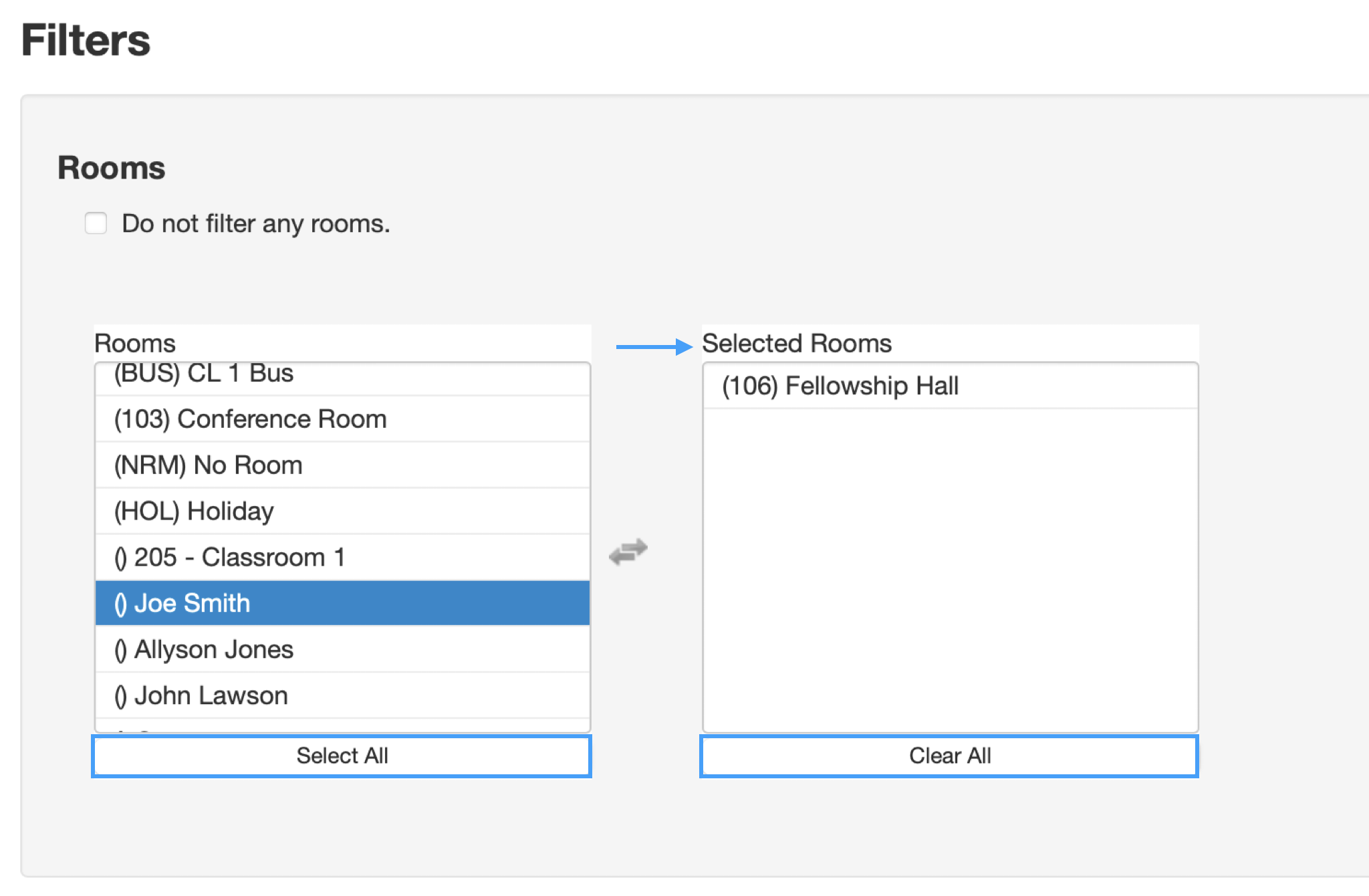 Picture showing how you can select the rooms you want displayed. 