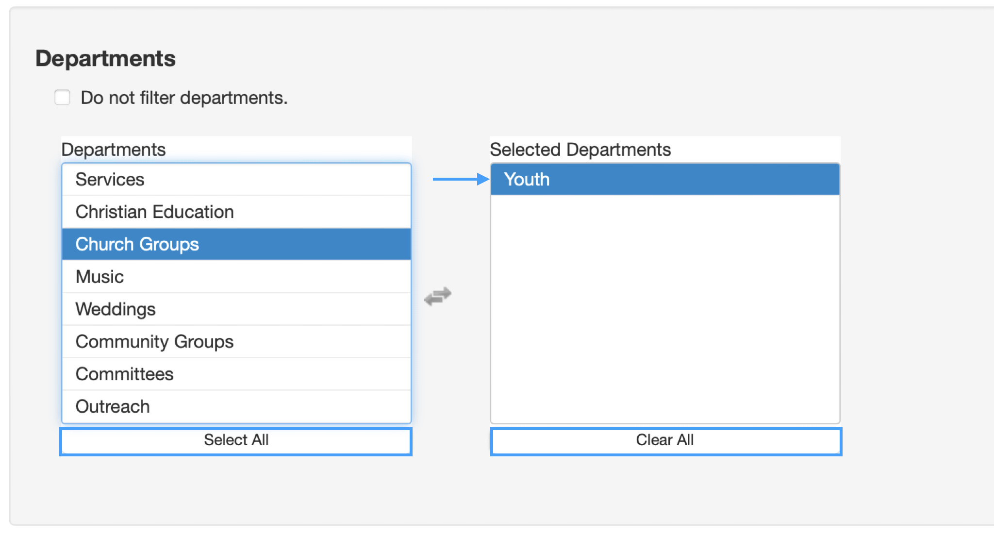 Picture showing how you can select the departments you want displayed. 