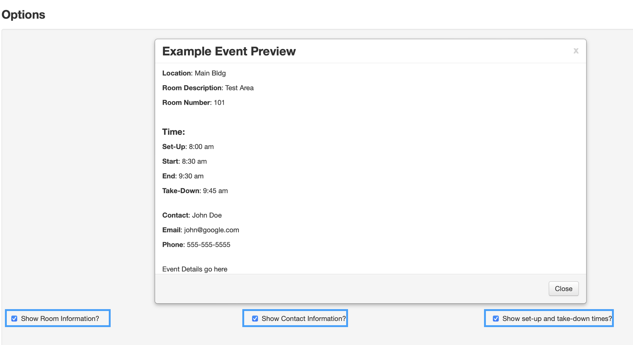 Picture showing three checkboxes where you can choose to display Room Information, Contact Information and or set-up or take-down times.