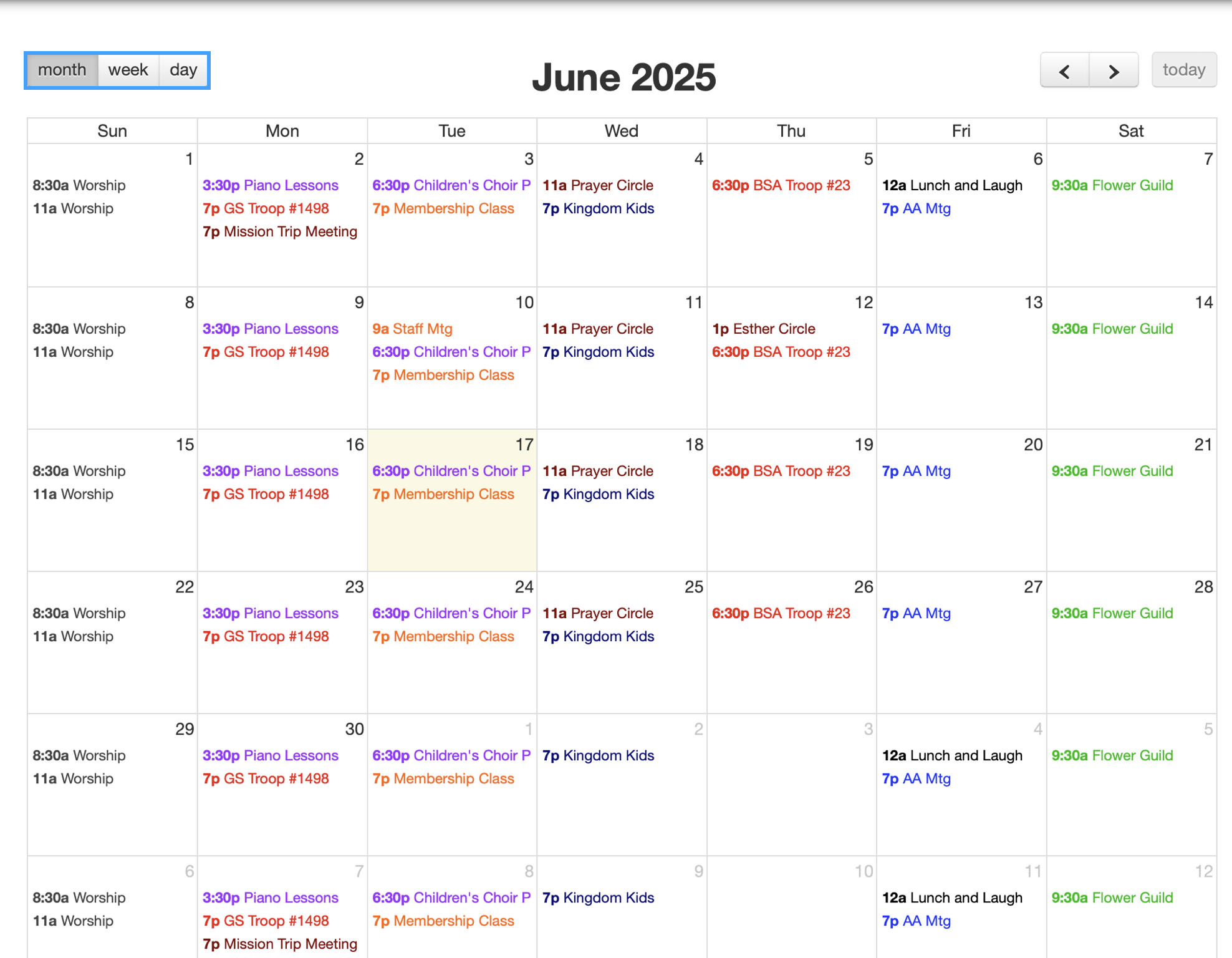 Picture of published monthly calendar highlighting month, week, and day options in the upper left-hand corner. 