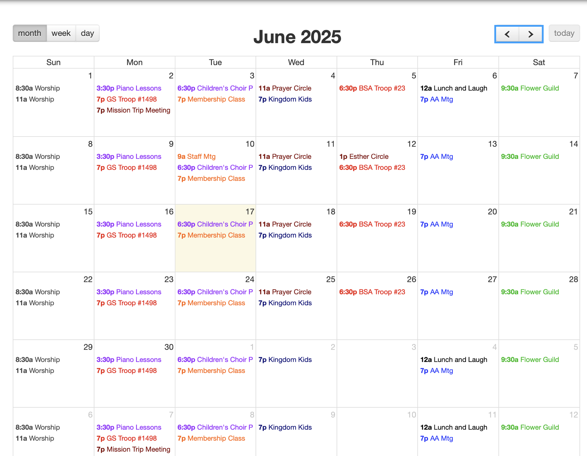 Picture of published monthly calendar highlighting the navigation arrows in the upper right-hand corner. 