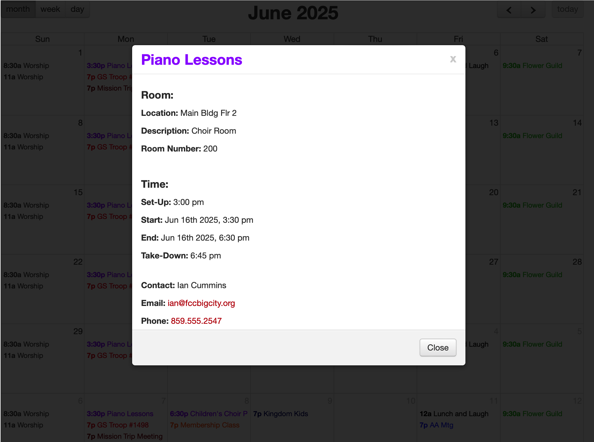 Picture of the pop-up showing all of the details of a selected event.