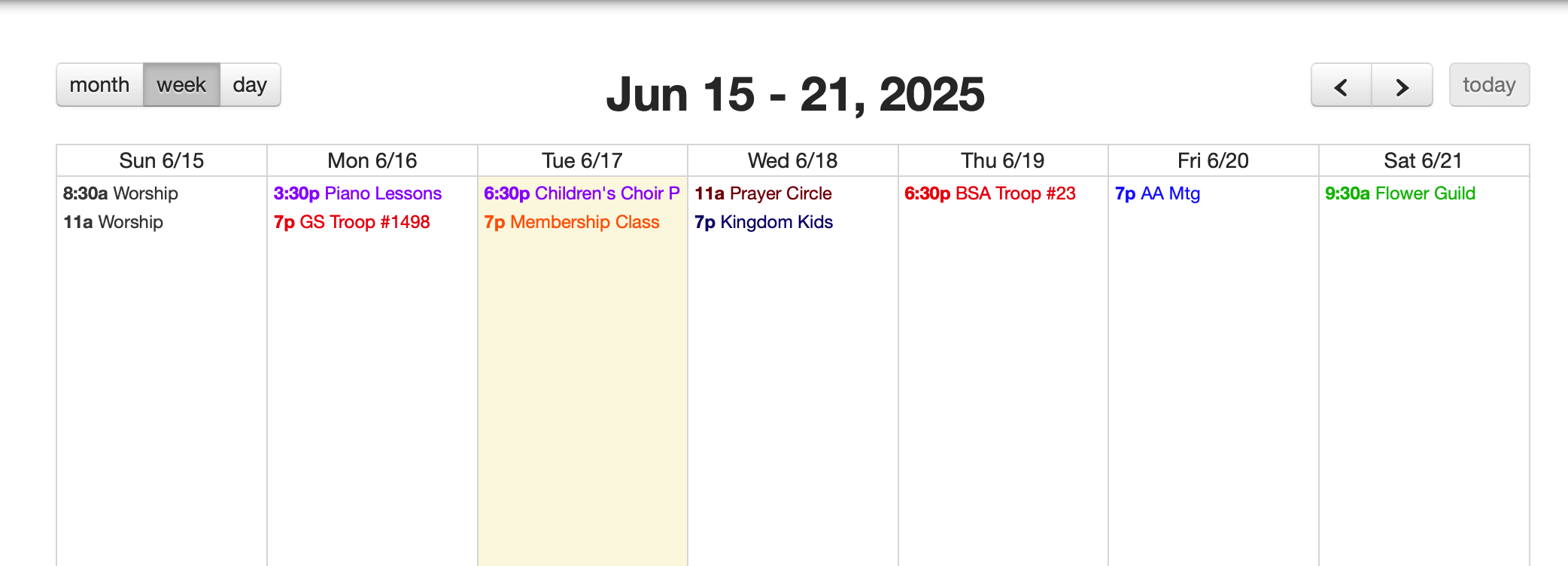 Picture of the weekly view for a published calendar.