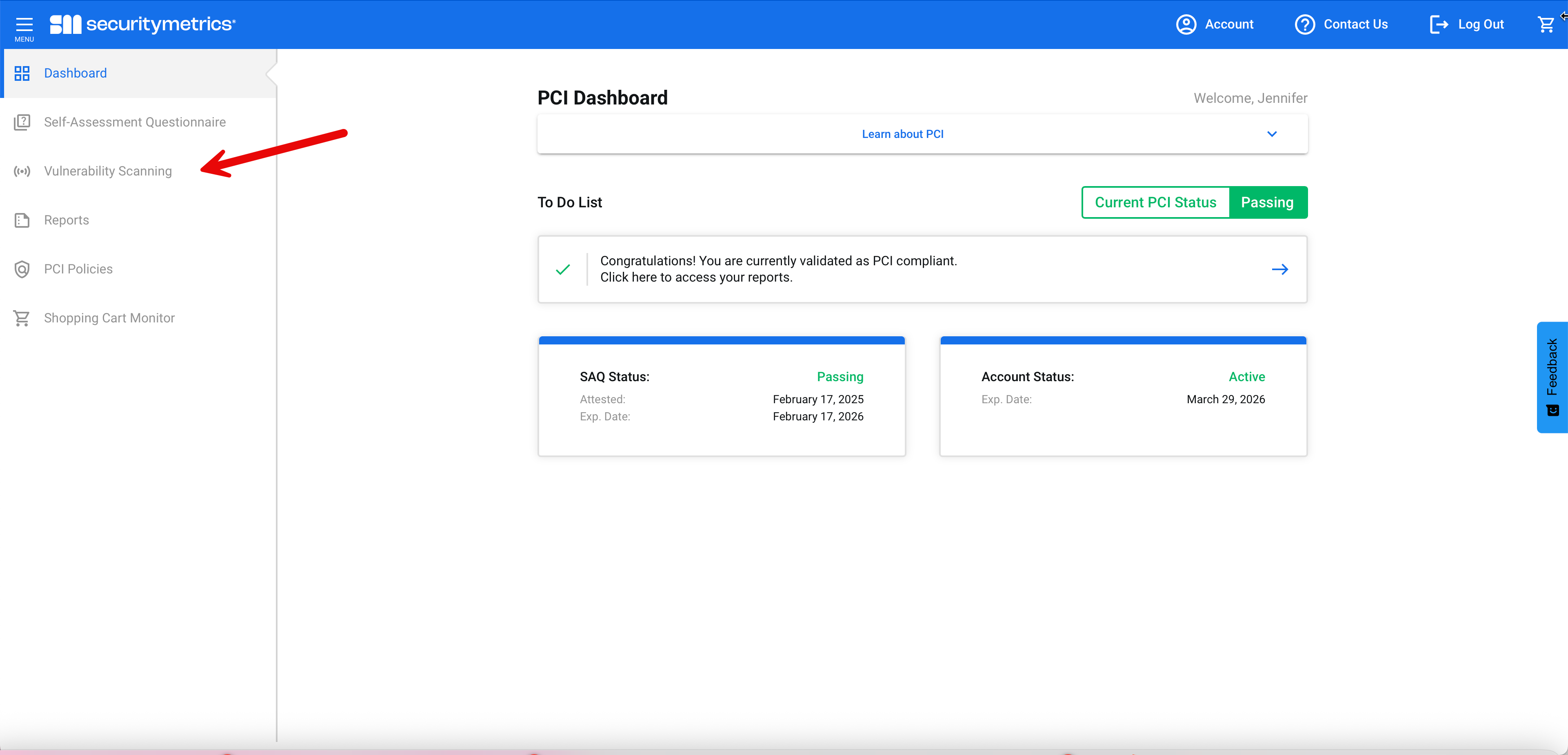 Picture of Security Metrics home page with an arrow pointing to Vulnerability Scanning in the left sidebar.