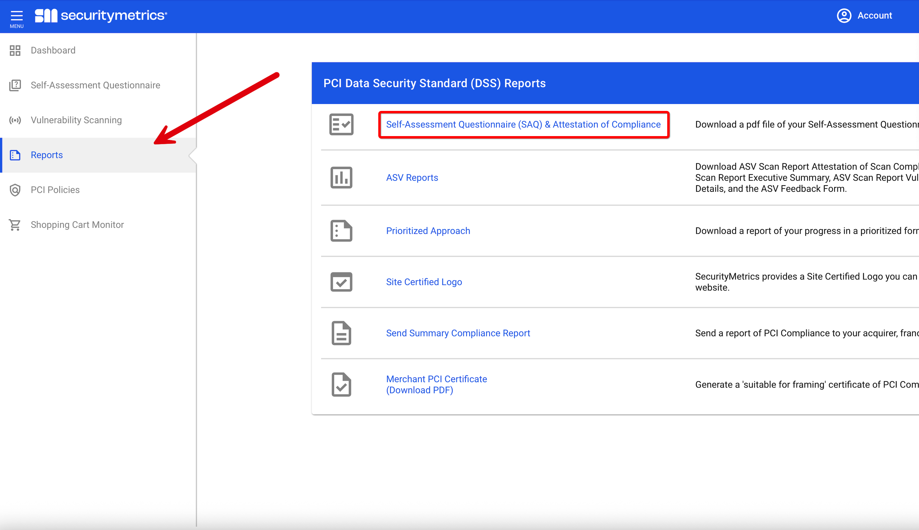 Red arrow pointing to Reports in the left sidebar and a red box around the SAQ Attestation of Compliance report.