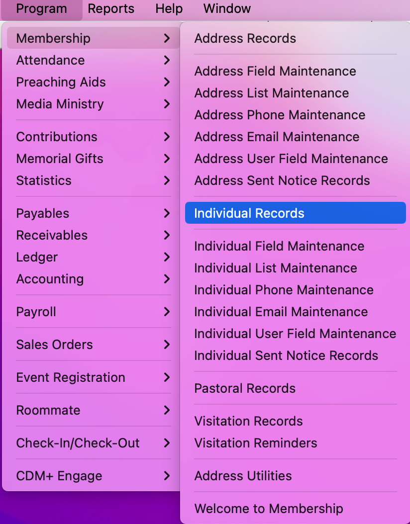 A picture showing the menu path to get to Individual Records.