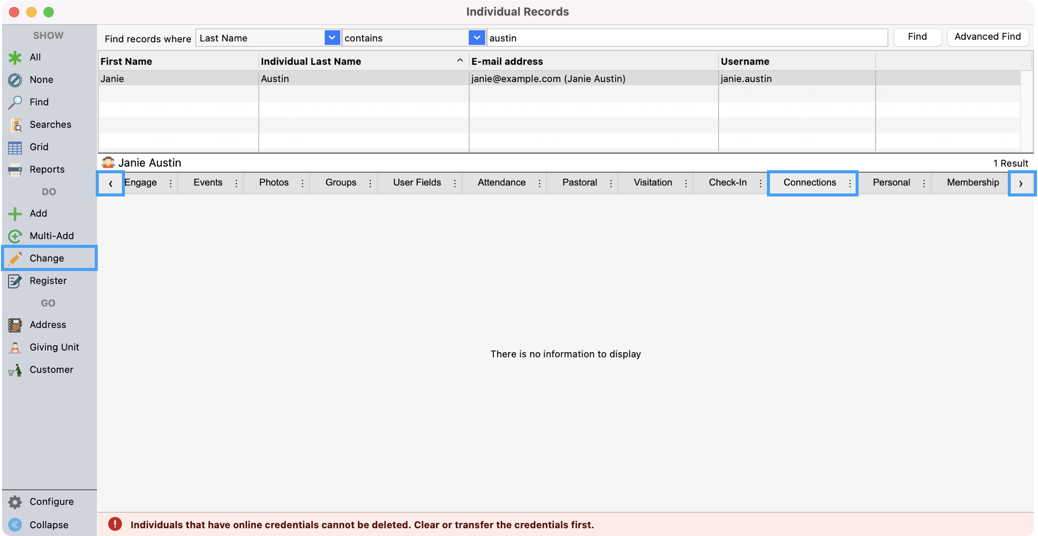 Picture showing scroll arrows, the connection tab, and how to click Change from the left sidebar. 