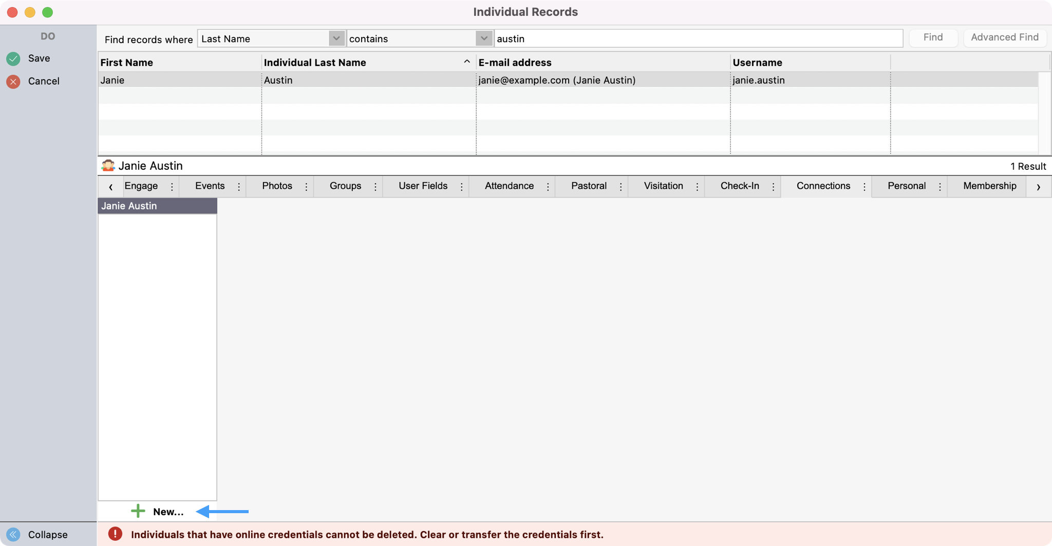Picture of Connections tab in change mode with an arrow pointing to New.