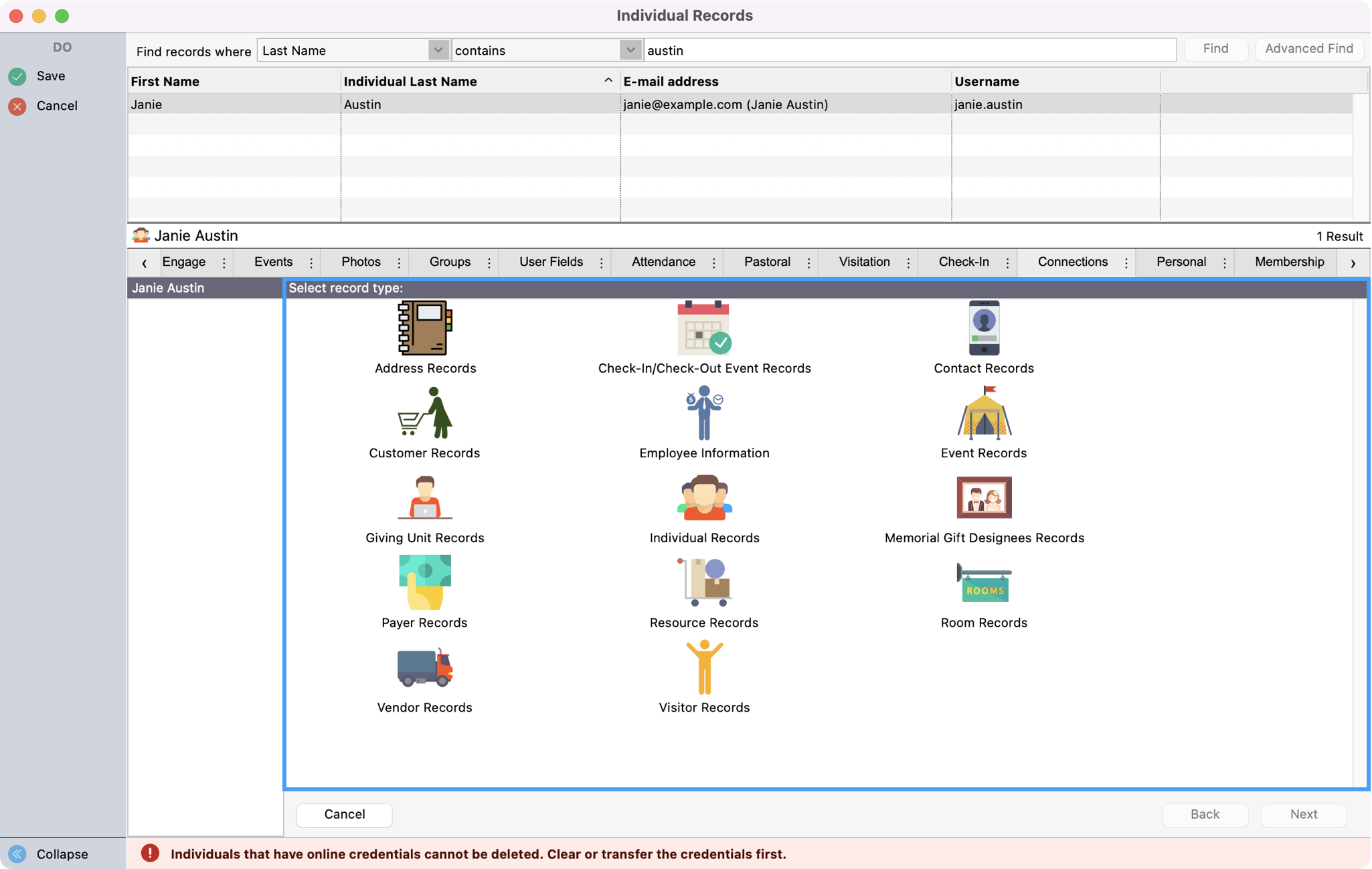 Picture showing the different types you can choose from under Connections.